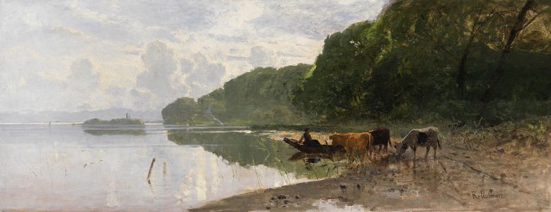 Realism landscape by Richard Von Poschinger featuring a lake and grazing cows