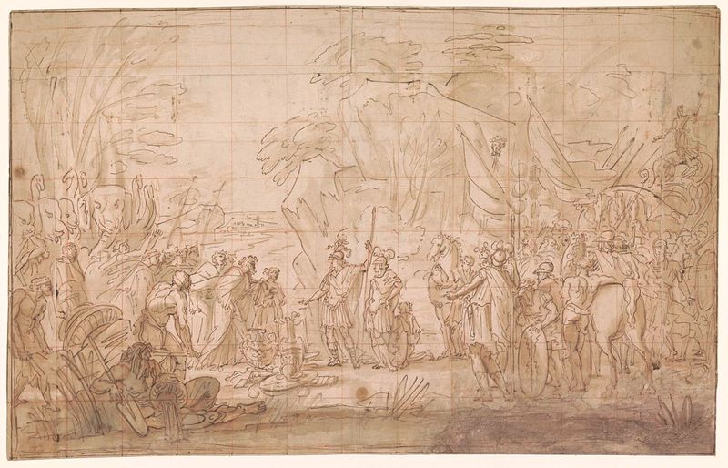 Historical scene with figures in dialogue, oil painting by Charles Le Brun