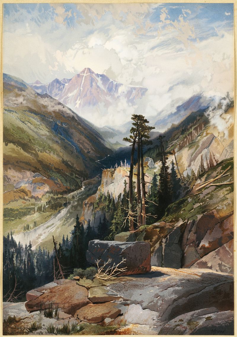 La Montaña de la Cruz Santa, pintura al óleo de Thomas Moran que muestra un paisaje montañoso.