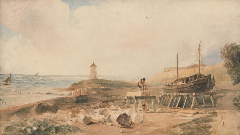 Construcción Naval en la Costa de Yorkshire de Peter DeWint, óleo que muestra la construcción de barcos y trabajo.