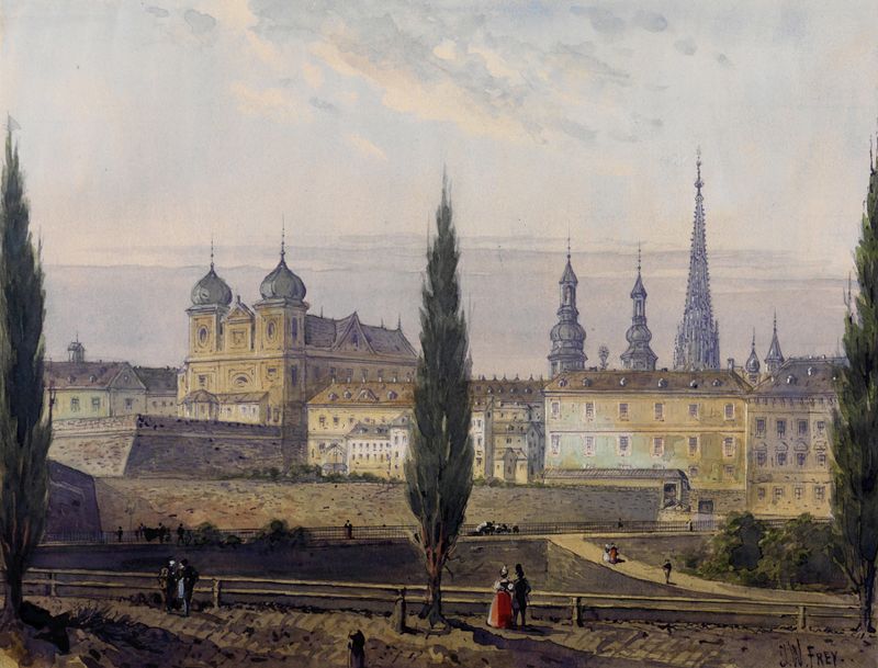 Landscape oil painting by Johann Wilhelm Frey featuring a sun-dappled clearing and forest.