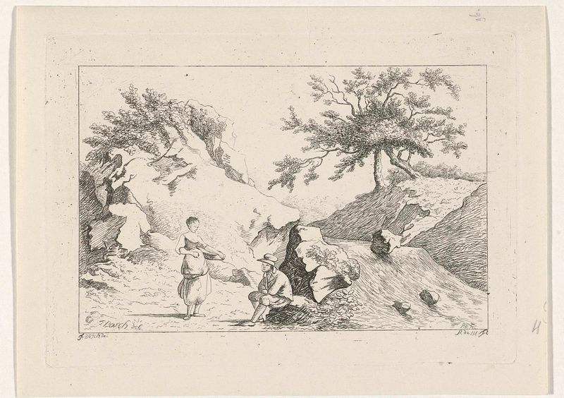 Couple by a serene waterfall, etching by Reinierus Albertus Ludovicus baron van Isendoorn à Blois