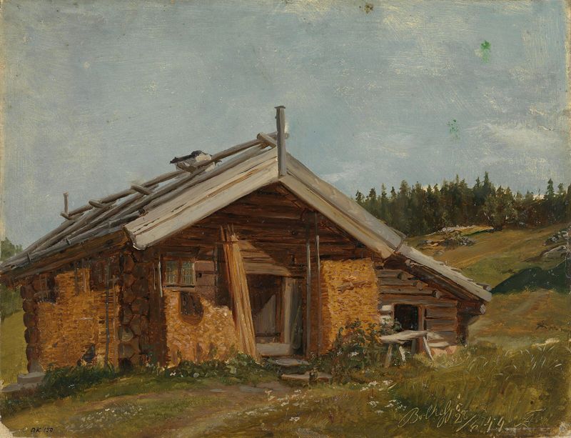 Farmhouse at Bolkesjø de Adolph Tidemand, óleo de una granja en ruinas en un paisaje.