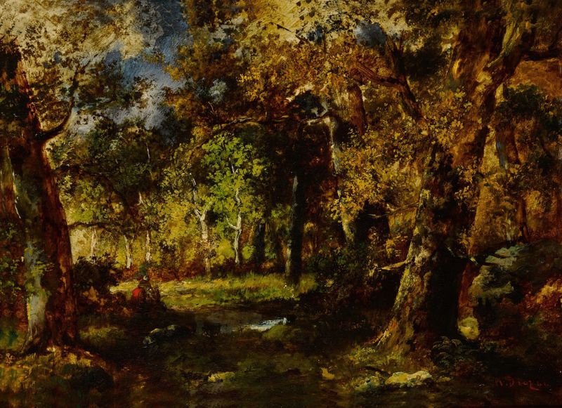 Fôret de Fontainebleau, óleo sobre tela de Narcisse-Virgile Diaz de La Peña, retratando uma cena florestal serena.