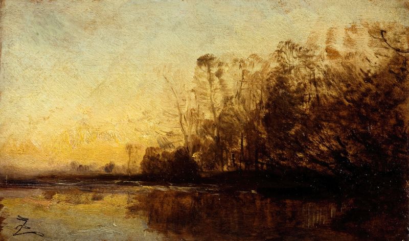 Coucher de soleil de Félix Ziem, pintura al óleo que representa un atardecer sobre aguas tranquilas.