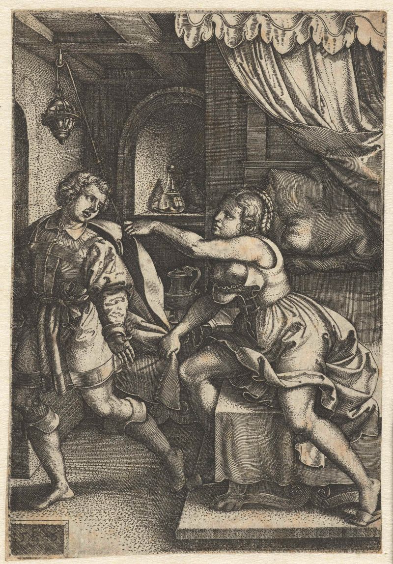 Grabado de Georg Pencz que representa a José y la esposa de Potifar en un momento tenso.