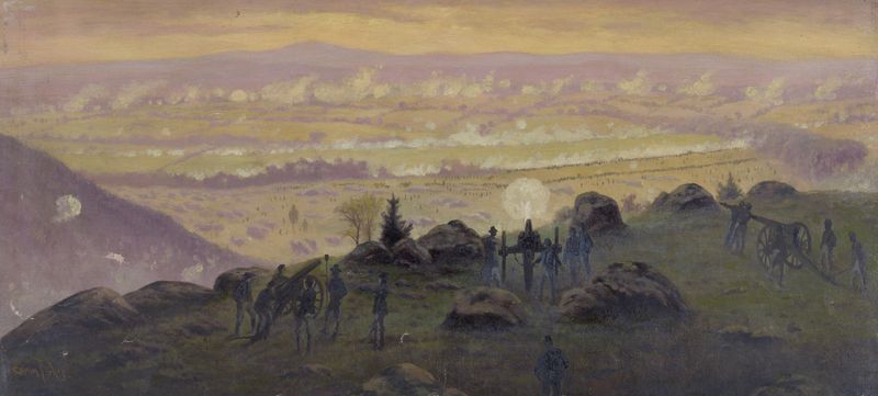 Landscape with sunset over hills by Edwin Forbes, medium unknown.