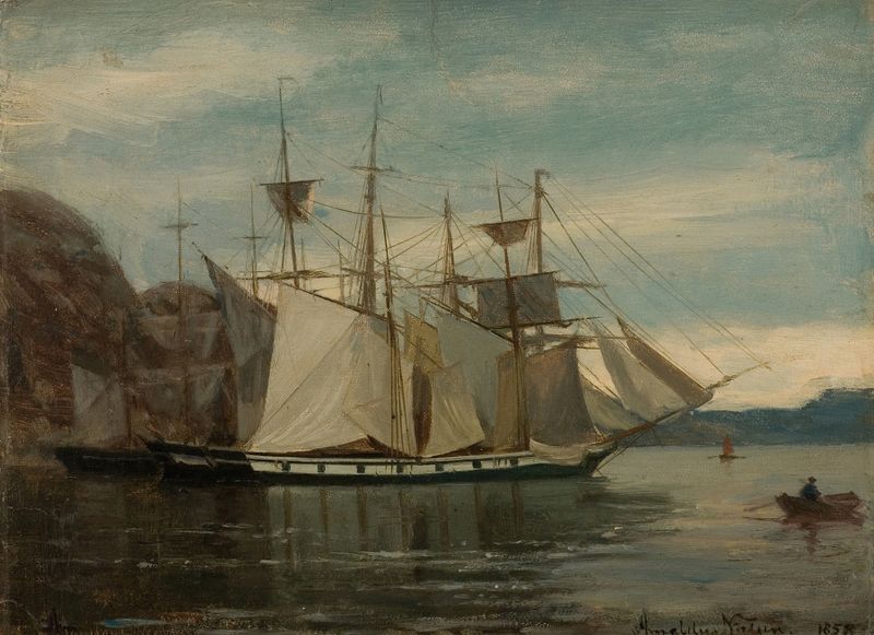Paisagem com colinas e floresta em pintura a óleo de Amaldus Nielsen