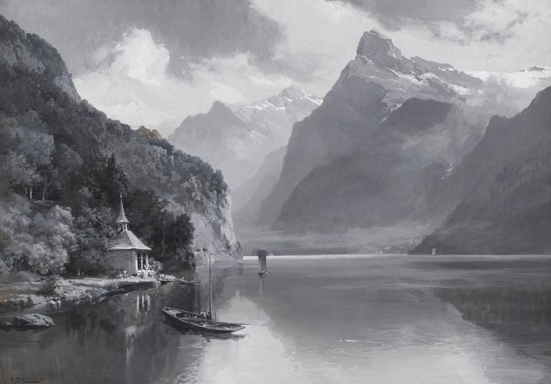 Pintura a óleo de um lago e montanhas de Edward Theodore Compton