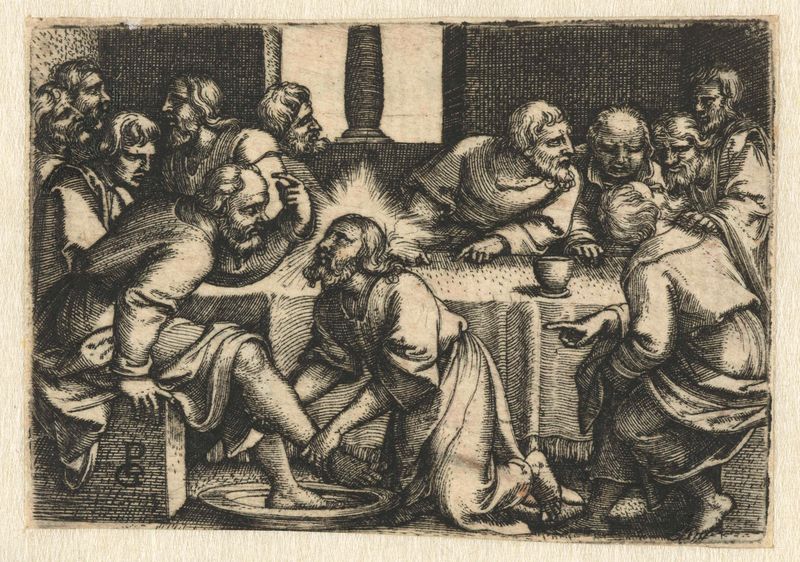 Engraving by Georg Pencz depicting Christ washing Petrus' feet, emphasizing humility and service.