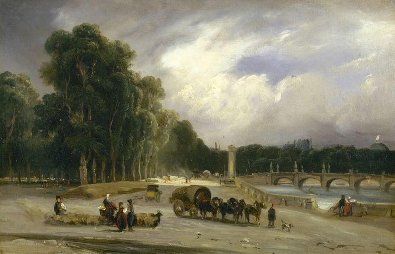 Le Cours-la-Reine by Théodore Gudin, oil on canvas depicting elegantly dressed figures in a Parisian promenade.