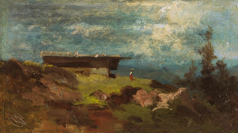 Bäuerin vor einer Almhütte de Carl Spitzweg, pintura a óleo de uma mulher camponesa em uma paisagem montanhosa.