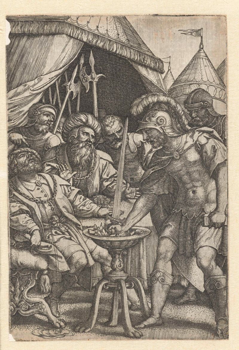 Gravura de Georg Pencz mostrando Mucius Scaevola colocando a mão direita no fogo