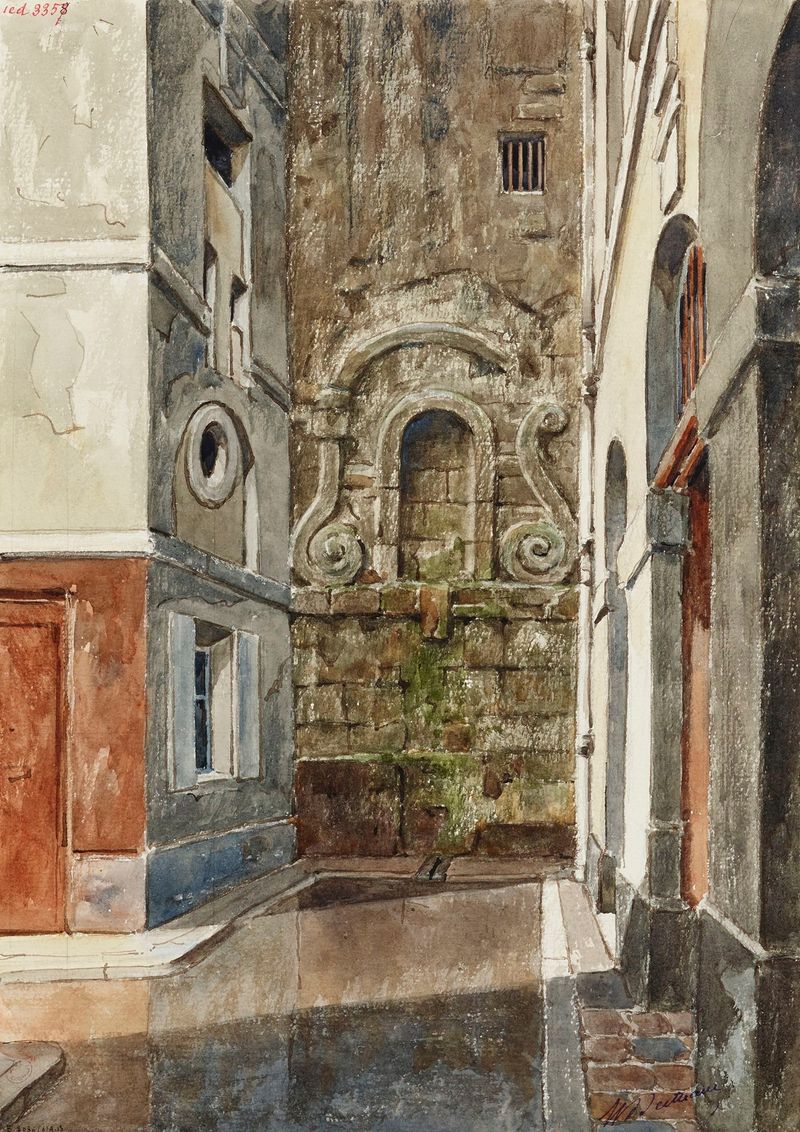 Ancienne fontaine rue Eginhard by Henri Berthaut, Impressionism, depicting a fountain with soft light and shadows.