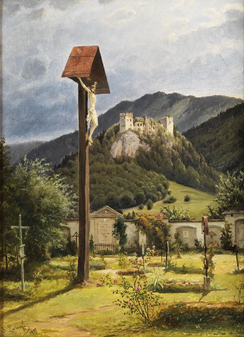 Landscape oil painting by Josef Langl depicting a graveyard with light filtering through trees.