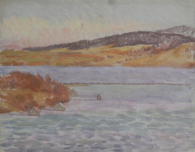 Paisagem representando um lago tranquilo com cores vibrantes, de Walther Gamerith