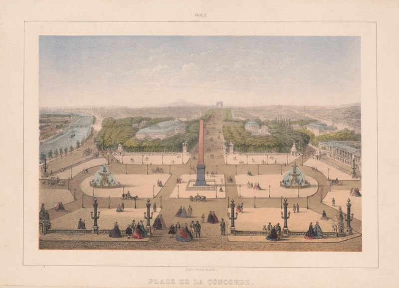 Oil on canvas by Charles Rivière depicting Place de la Concorde with figures and light interplay.