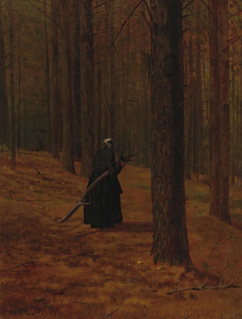Pintura a óleo de Winslow Homer de uma velha mulher coletando gravetos em uma paisagem suave.