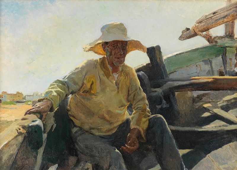 Old fisherman in a boat, oil on canvas by Joaquín Sorolla
