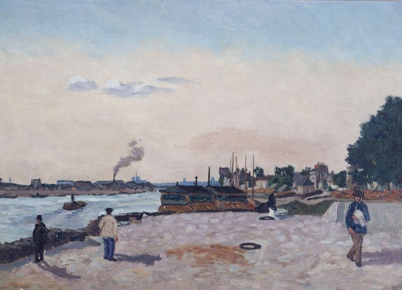 Le quai de Bercy de Armand Guillaumin, pintura a óleo que retrata uma paisagem fluvial com árvores e reflexos.