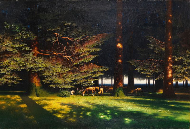 Pastoral scene with sheep in a forest, oil painting by Paul Wilhelm Keller-Reutlingen