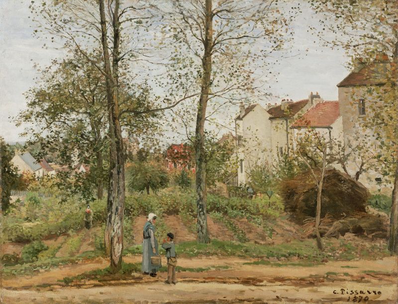 Houses at Bougival de Camille Pissarro, pintura al óleo que representa un paisaje de pueblo en otoño.