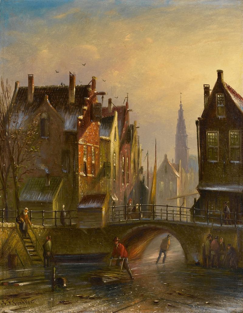 Oil painting by Johannes Franciscus Spohler depicting skaters on a canal in Amsterdam.