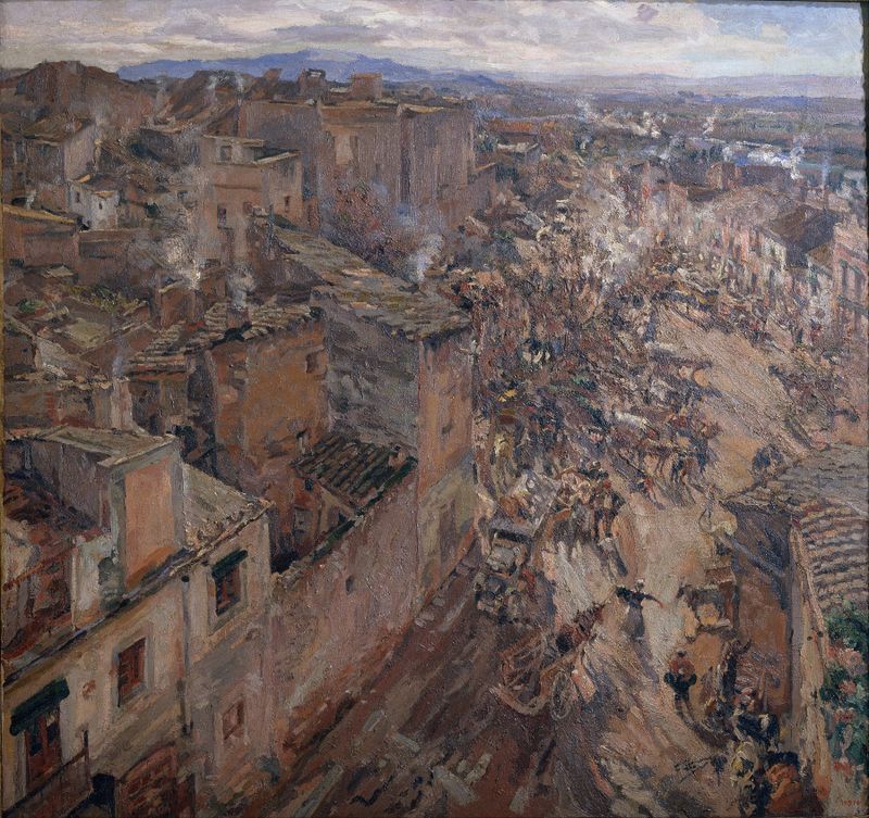 Escena de género que representa un día de mercado con niños y frutas de Francesc Gimeno, pintura al óleo
