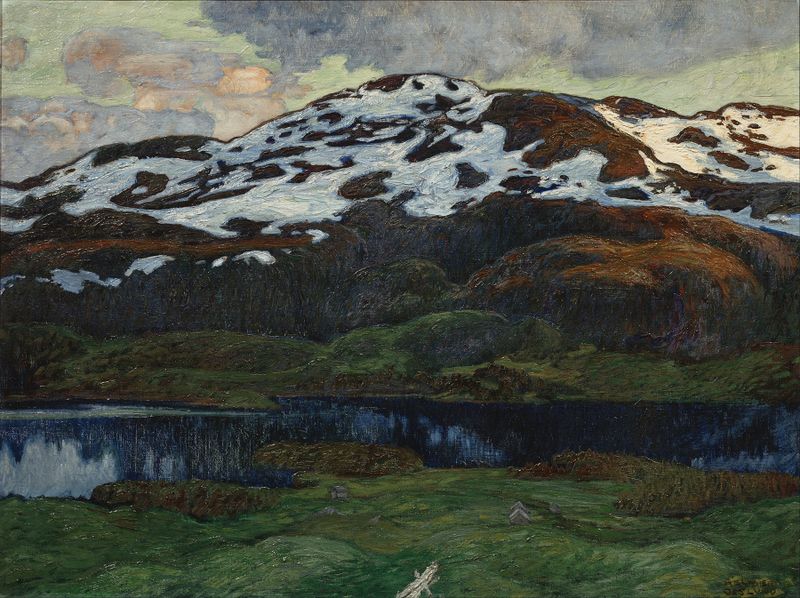 Landscape with tranquil waters and golden light by Helmer Osslund, oil painting