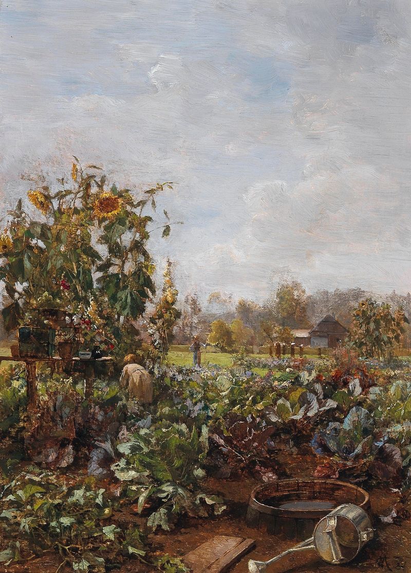Jardim rústico com flores silvestres e um velho banco de madeira, óleo sobre tela de Carl Moll