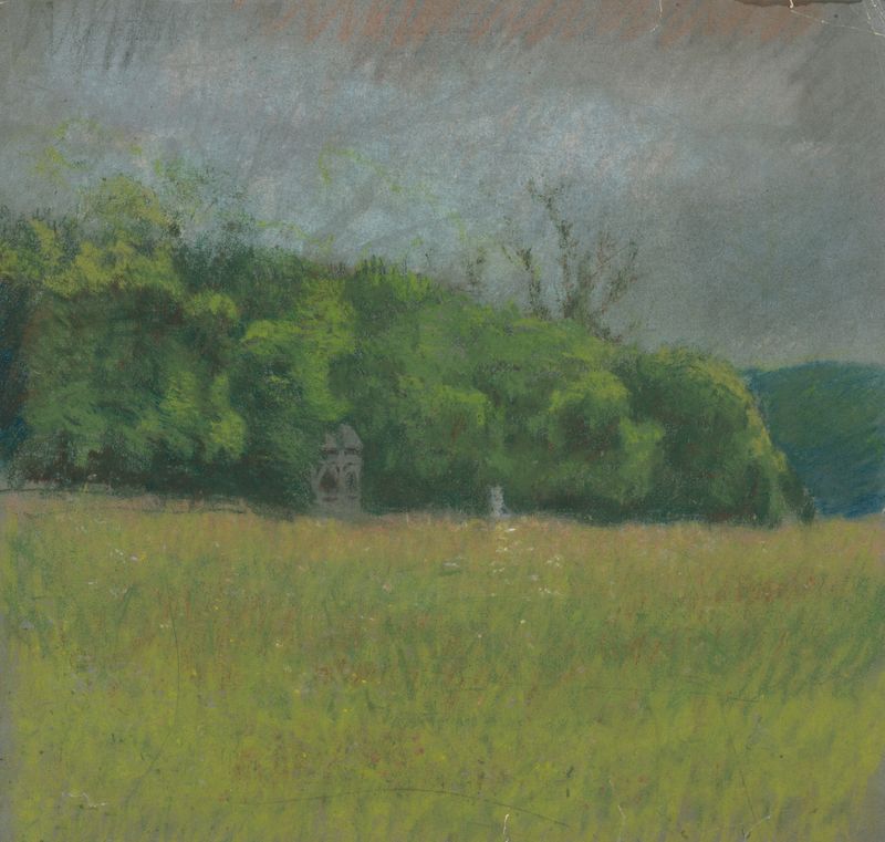 Verano paisaje de Ladislav Mednyánszky, óleo sobre lienzo que muestra vegetación exuberante y luz dorada.
