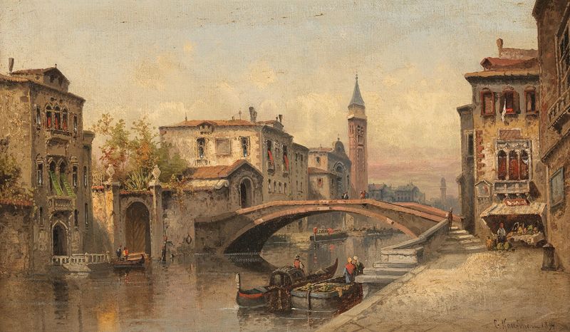 Escena de canal impresionista de Karl Kaufmann, que muestra reflejos al atardecer en el agua