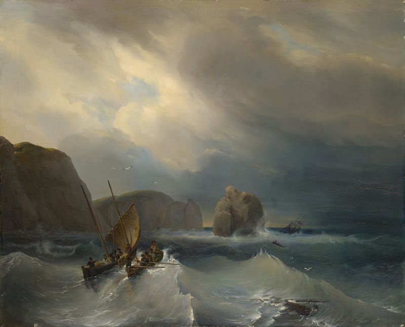 Rough Sea with Ships, oil painting by Théodore Gudin, depicting ships in a stormy sea.
