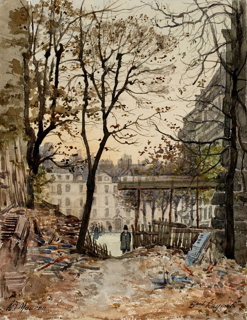 Pintura figurativa al óleo que representa la vida urbana de Henri Laurent Mouren