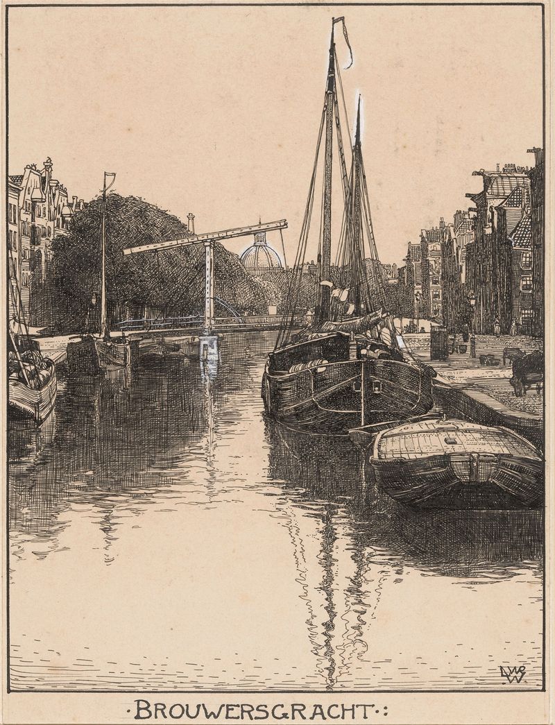 Brouwersgracht te Amsterdam de Willem Wenckebach, óleo sobre tela que retrata uma cena tranquila de canal.