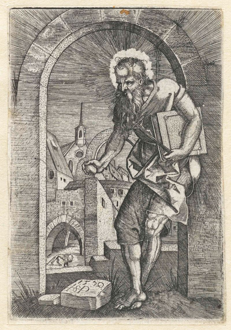 Gravura de São Jerônimo em pé sob um arco de Hans Sebald Beham