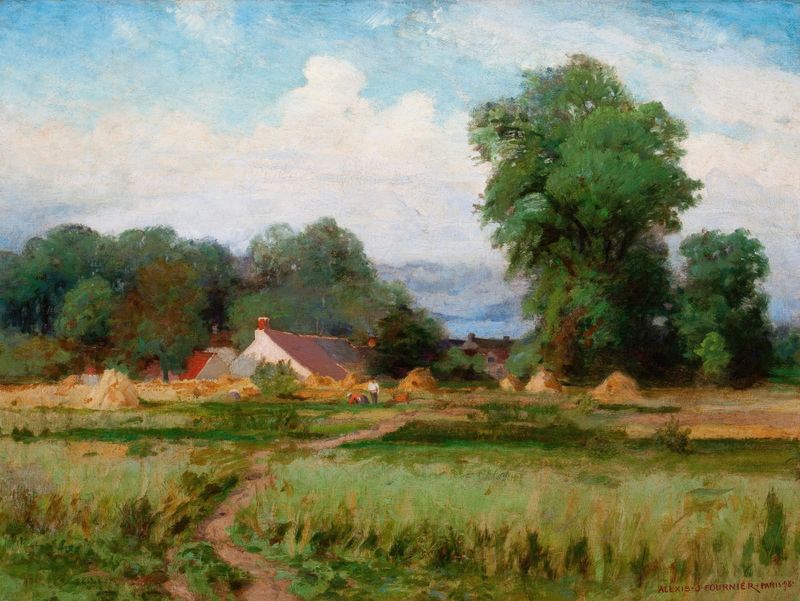 Country Landscape de Alexis Jean Fournier, óleo sobre lienzo que representa un campo tranquilo con flores silvestres.