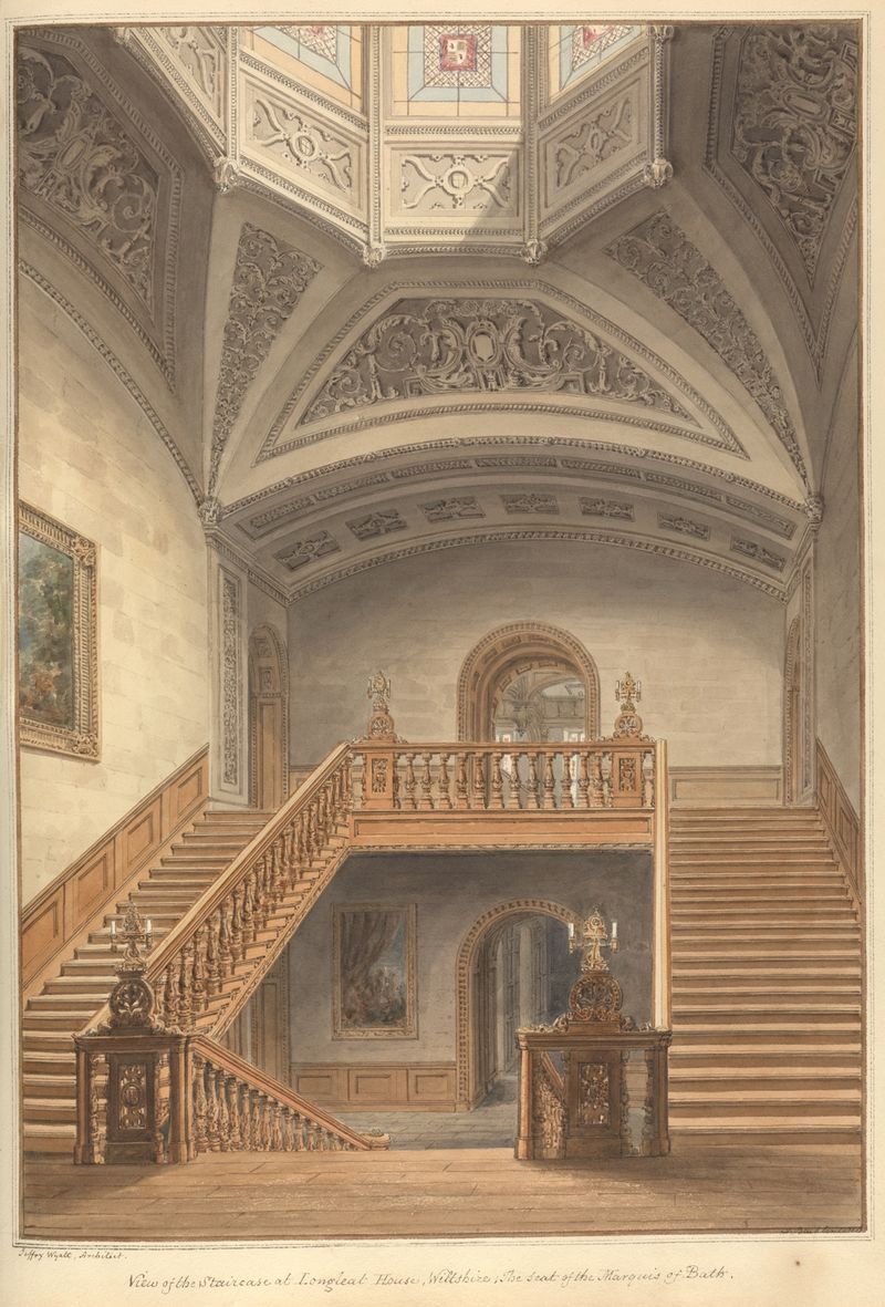Watercolour by John Buckler depicting a grand staircase at Longleat House