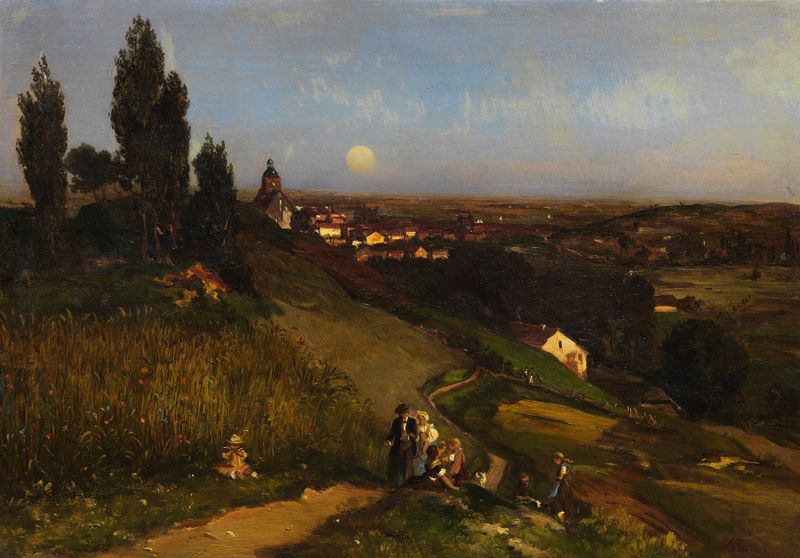 Paisaje al atardecer de Louis Kolitz, pintura al óleo de 1868
