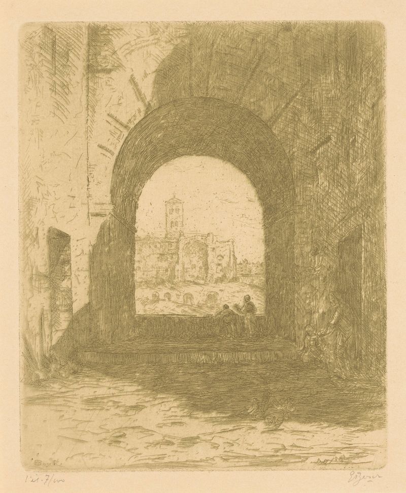 Colosseum de Etienne Bosch, óleo sobre lienzo, mostrando arcos antiguos y paisaje.
