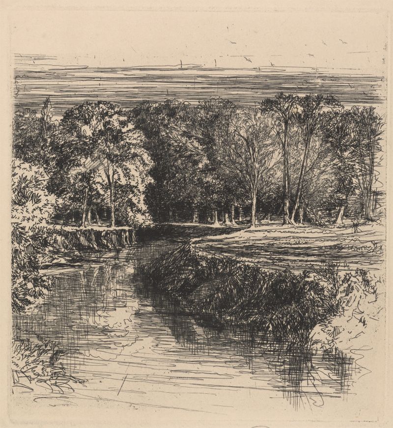 Dundrum River de Francis Seymour Haden, gravura que retrata uma paisagem de rio tranquila