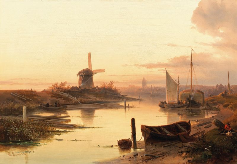Fishermen by a Canal at Dusk, oil on canvas by Charles Leickert