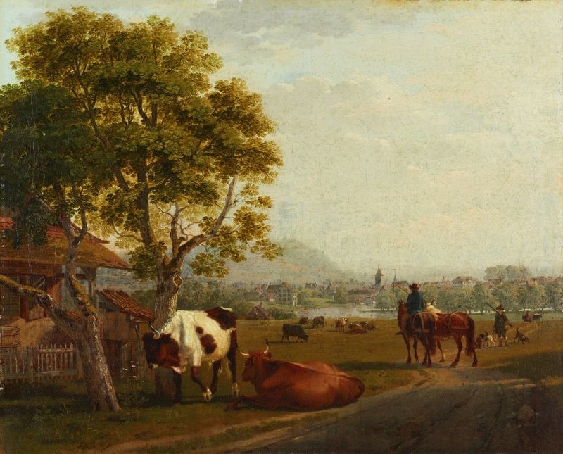 Paisaje con colinas y árboles, óleo sobre lienzo de Johann Jakob Biedermann
