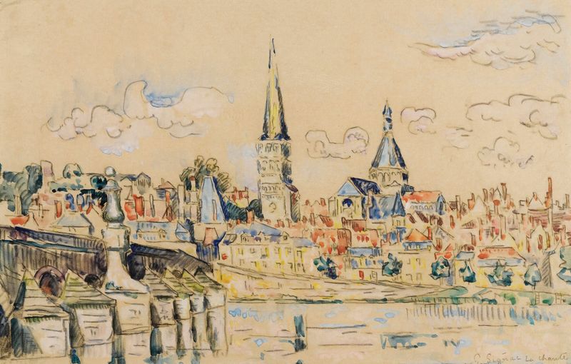 La Charité Sur Loire de Paul Signac, retratando uma mulher segurando uma criança em uma cena serena de rio, pintura a óleo