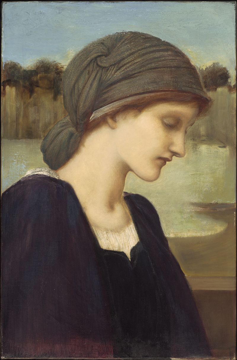 Flamma Vestalis by Edward Burne-Jones, oil on canvas depicting a figure in a flowing red and gold garment.