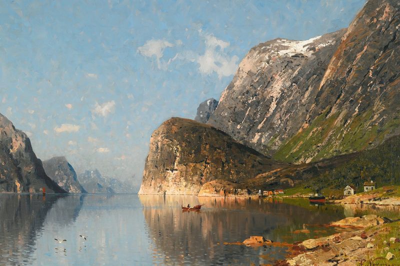 A Norwegian fjord, oil on canvas by Adelsteen Normann, depicting water reflecting mountains.