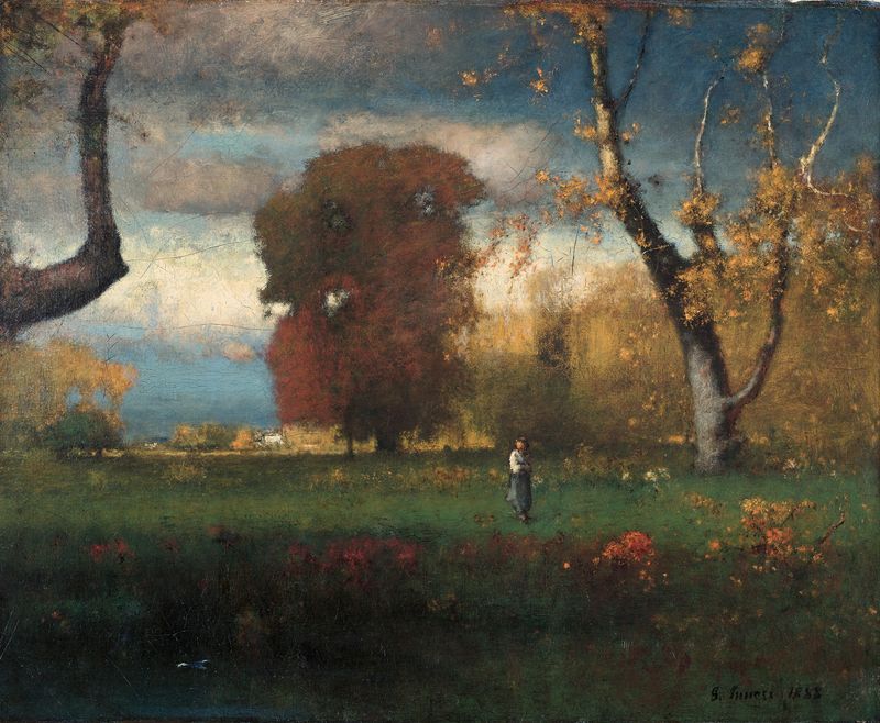 Paisagem de George Inness, óleo sobre tela que retrata uma colina e um céu tranquilo.
