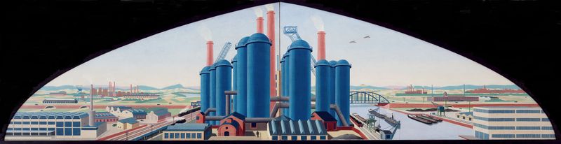 Wood sculpture of an industrial landscape by Carl Grossberg