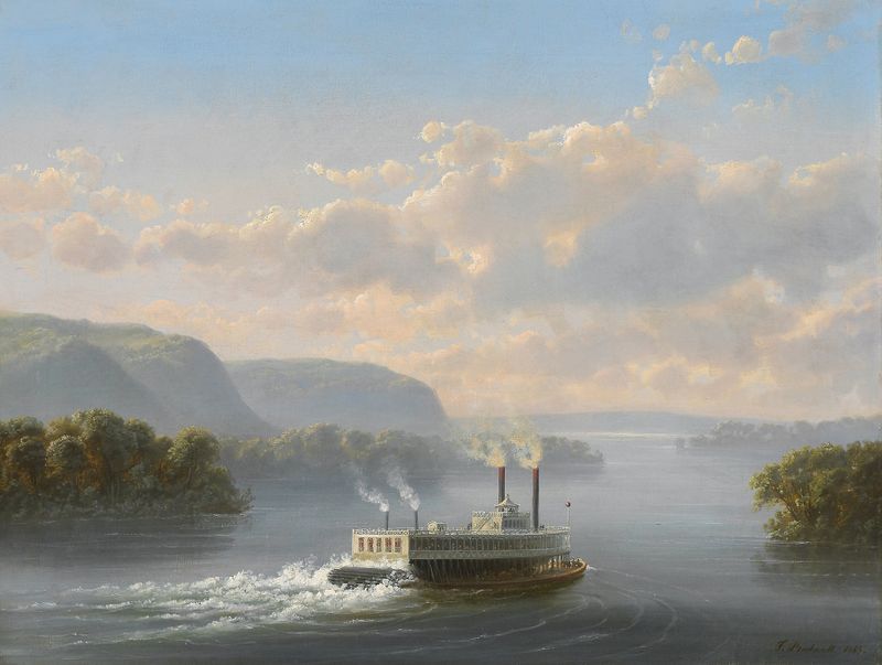 Steamwheeler on the Upper Mississippi by Ferdinand Richardt, oil painting depicting a river scene with a steamwheeler.