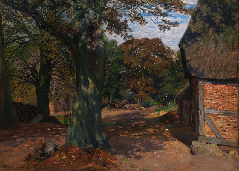 Niederdeutscher Bauernhof by Friedrich Kallmorgen, oil on canvas depicting a farmhouse in a vibrant landscape.